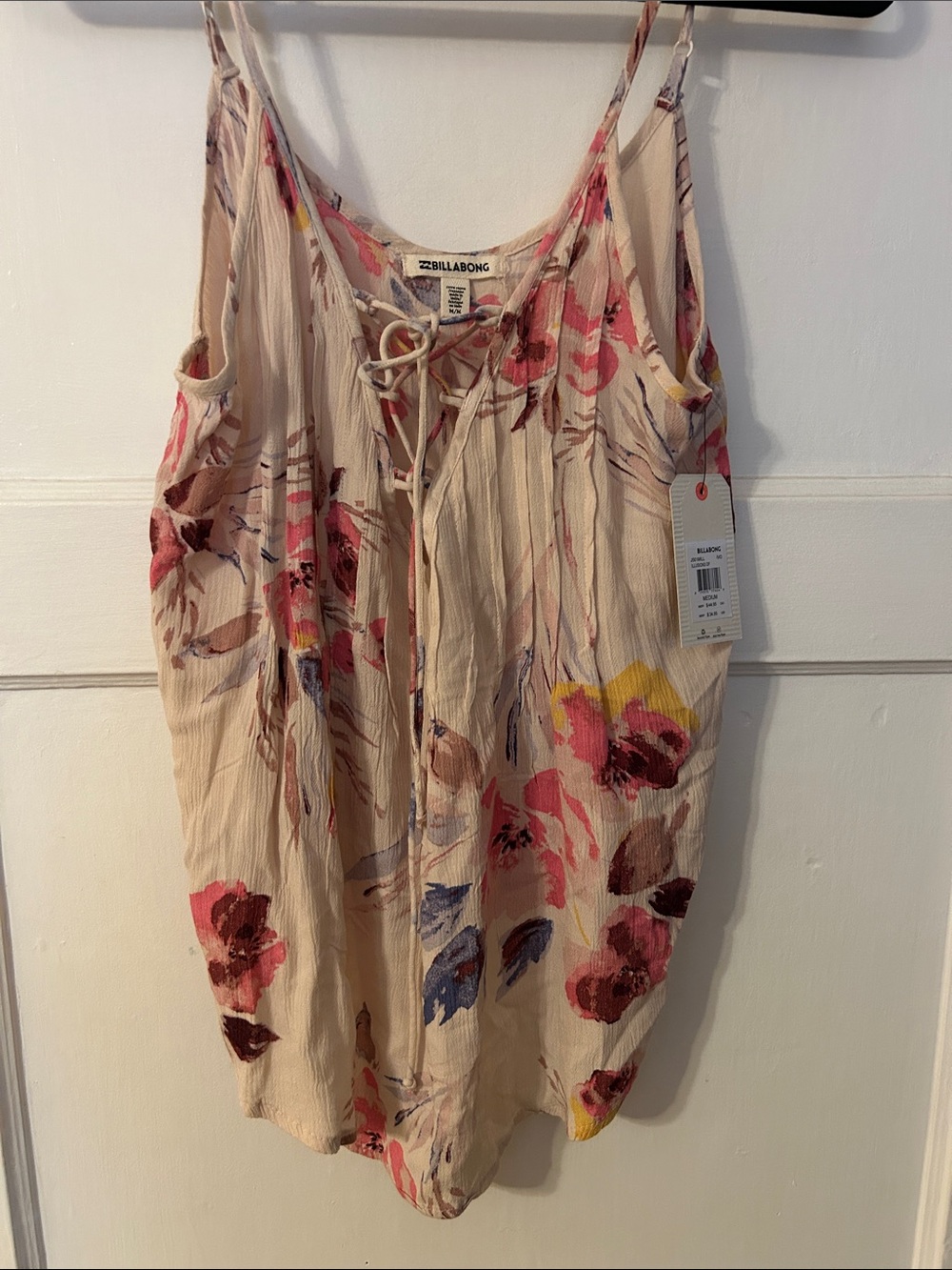Billabong Cream Floral Lace-Up Spaghetti Strap Tank